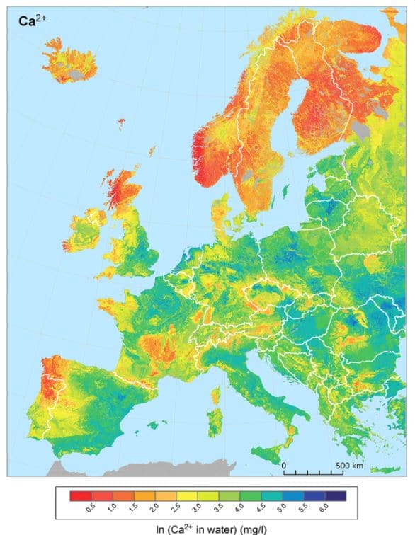 Map of hardness of water in Europe
